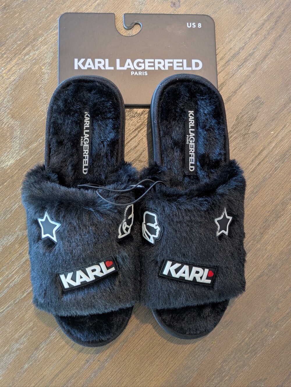 NWT Karl Lagerfeld Paris Faux Fur Character Slides / Slippers Black Sz 8
